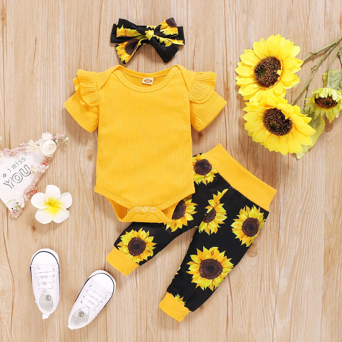 3Pcs Summer Newborn Baby Girl Clothes Set Short Sleeve Ruffle Romper Tops Sunflower Floral Print Pants Headband Infant Outfits