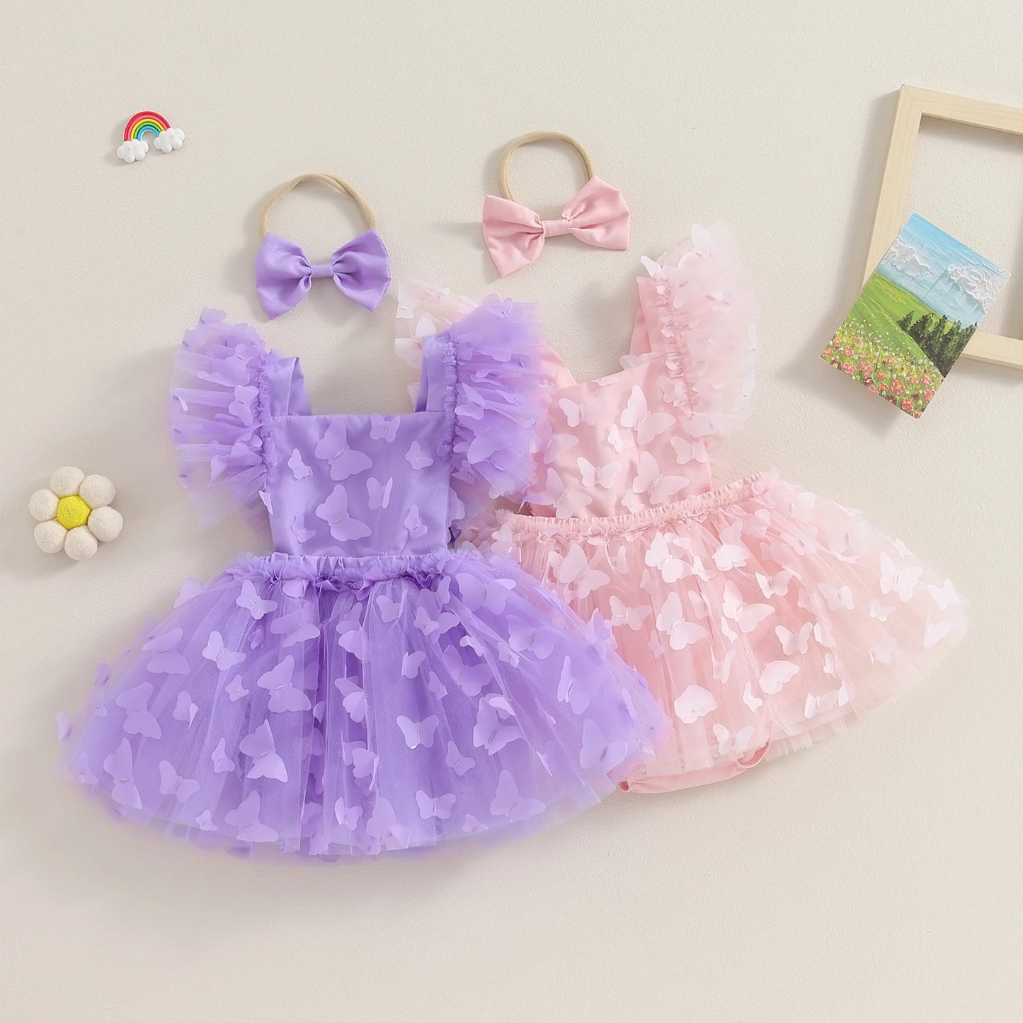 Pudcoco Infant Baby Girls Summer Romper Dress 3D Butterfly Flying Sleeve Square Neck Tulle Jumpsuit with Headband 0-24M