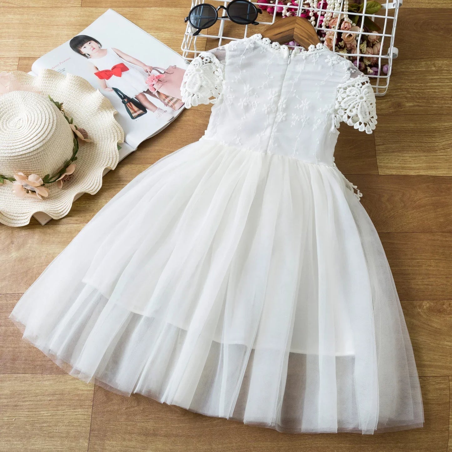 Elegant Girl Flower Lace Dress Kid White Bohemia Tulle Gown Cute Baby Girl Birthday Evening Party Princess Dress Children Clothe