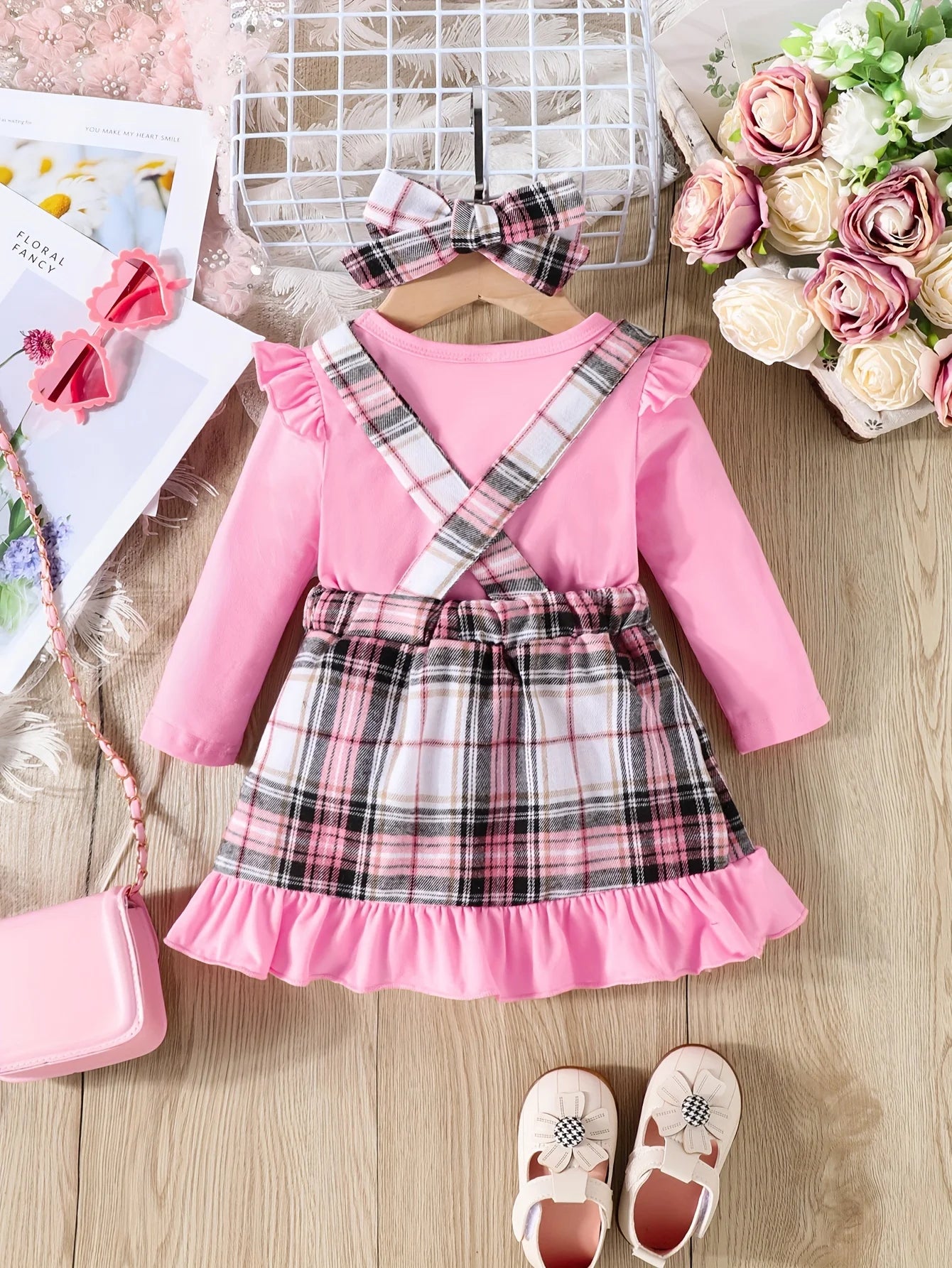 Spring and Autumn Plaid Baby Girl Long Sleeve Dress 2pcs