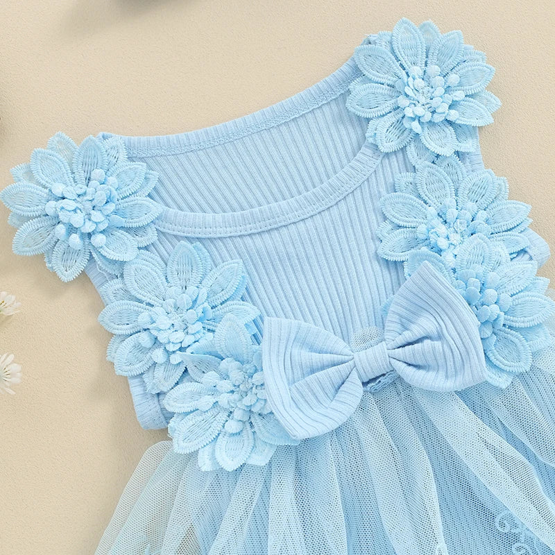 Infant Baby Clothing Girl Summer Outfits Solid Sleeveless Round Neck Tulle Patchwork Lace Floral Romper with Headband