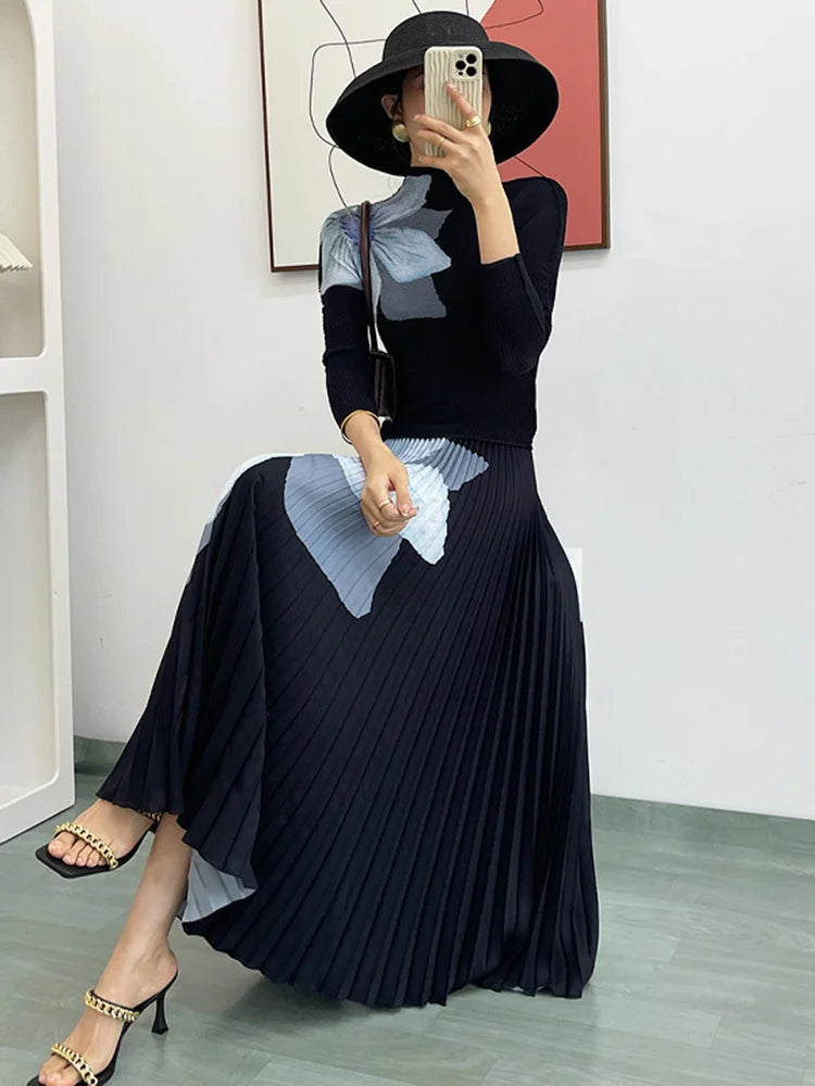 Elegant Fashion Printed Pleated 2 Pieces Set Women Turtleneck Slim Tops With High Waist Mid Length Skirts