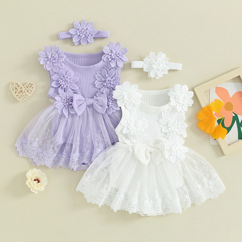 Infant Baby Clothing Girl Summer Outfits Solid Sleeveless Round Neck Tulle Patchwork Lace Floral Romper with Headband