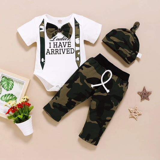 Newborn Male Baby Summer Tie Short Sleeved Bodysuit Camouflage Pants Cap Three Piece Set Suitable for Babies Aged 0-18 Months