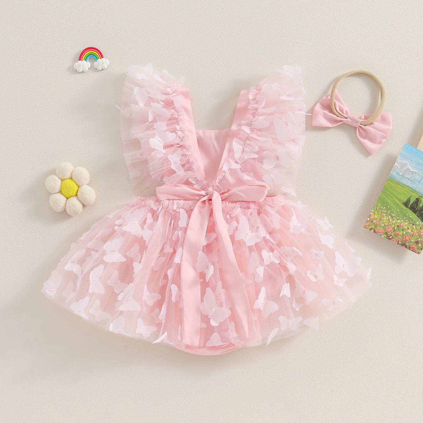 Pudcoco Infant Baby Girls Summer Romper Dress 3D Butterfly Flying Sleeve Square Neck Tulle Jumpsuit with Headband 0-24M