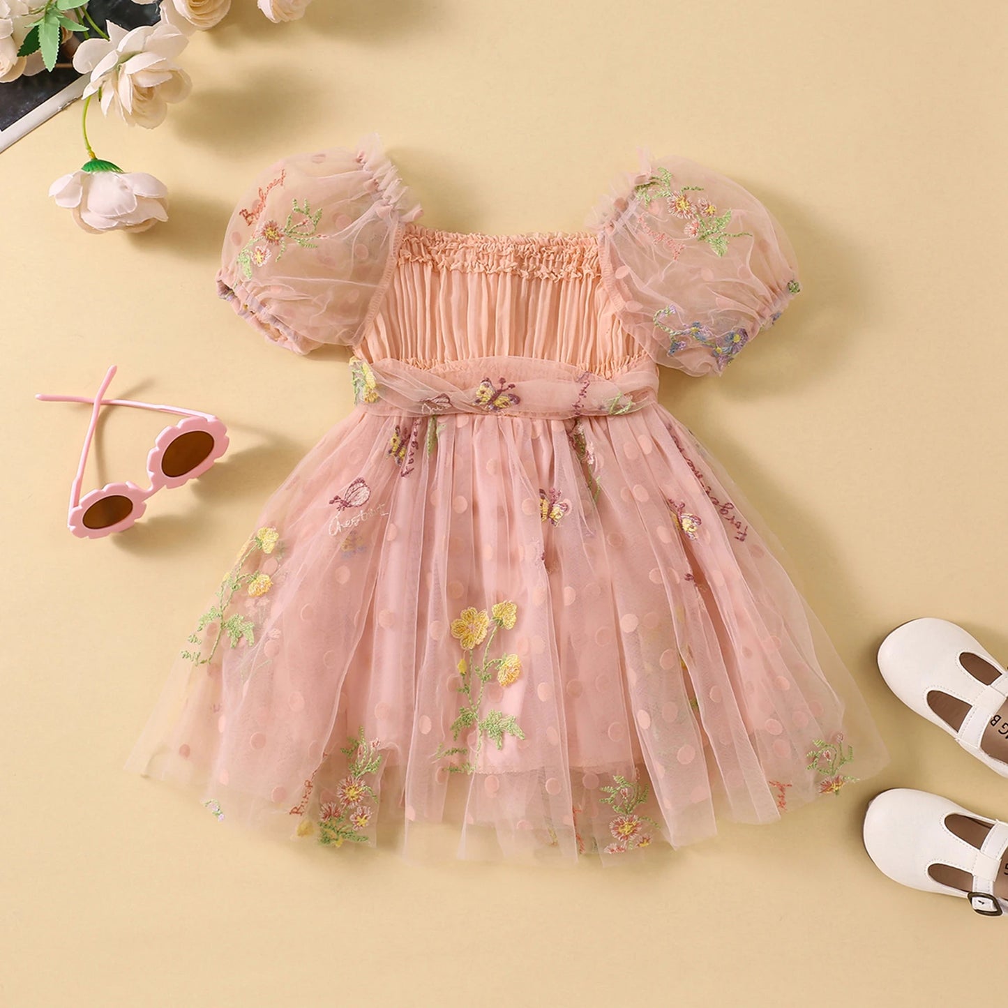 FOCUSNORM 0-4Y Toddler Kids Girls Princess Dress Mesh Short Puff Sleeve Flower Embroidered Ruched Tulle Belt Tutu Dress