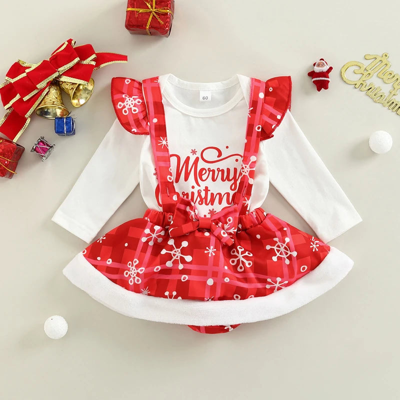 2Pcs Baby Clothes Girl Christmas Outfits Long Sleeve Ruffle Bodysuit Plaid Suspender Skirt Fall Winter Clothing Set