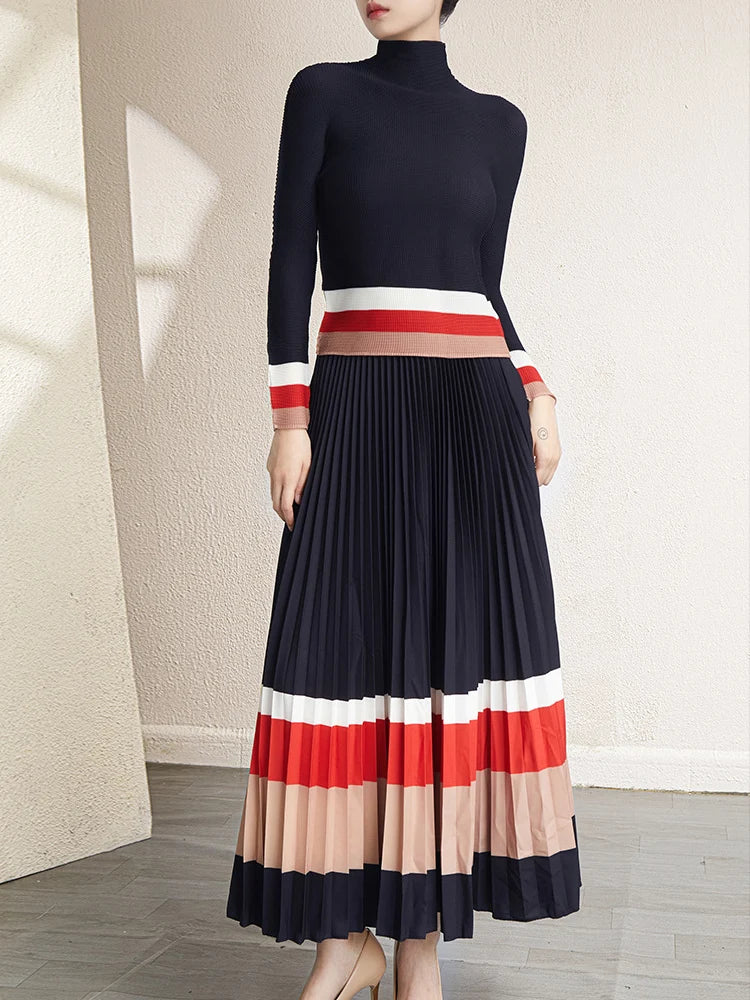 Women's Color Print Pleated Set Fashion Long Sleeves T-shirt High Waist A-line Skirt