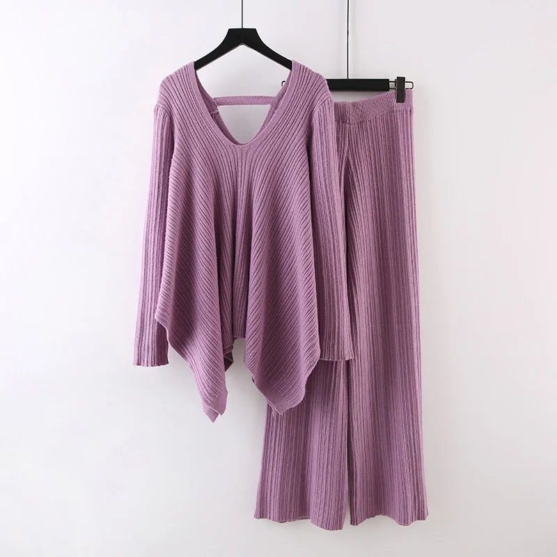 Irregular Knitted 2 Piece Set Women's V-neck Backless Long Sleeves Solid Sweater High Waist Wide Leg Trousers-church dresses-Top Super Deals-Purple-One Size-Free Item Online