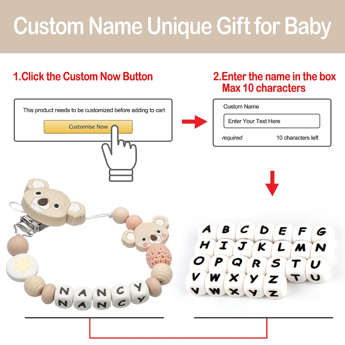 Silicone Baby Pacifier Clip Personalised Name