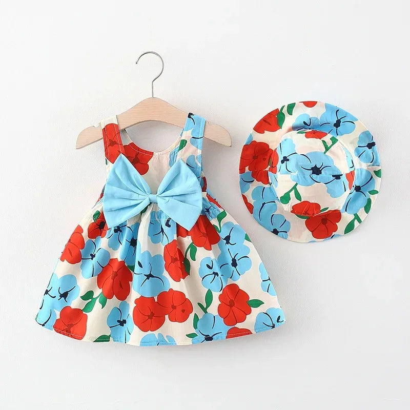 2pcs Summer Baby Girls Beach Princess Dress Cute Bow Flowers Sleeveless Cotton Toddler Dresses+Sunhat Newborn Clothing Set