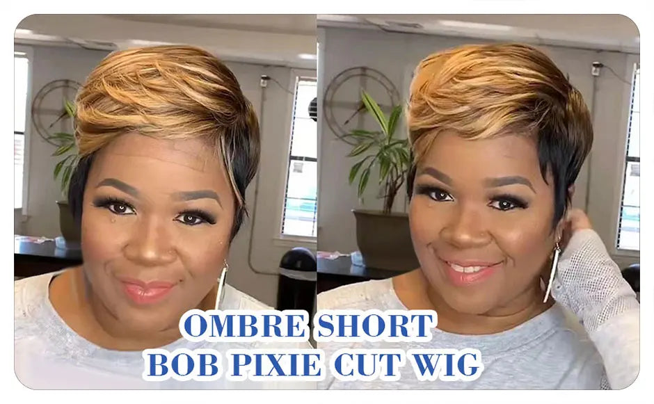 Short Straight Pixie Cut Hair Bob Wig Honey Gold Woman