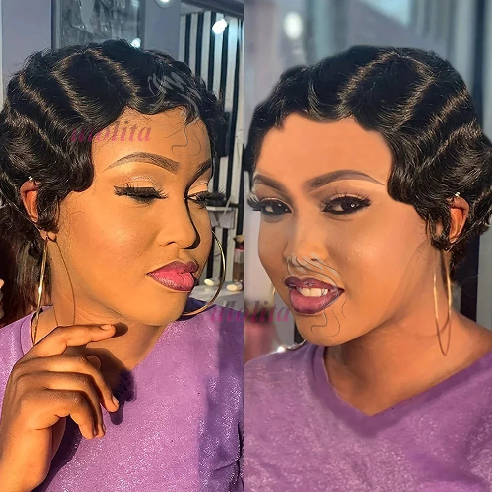Pixie Cut Finger Wave Short Bob Wigs For Black Women Human Hair Ocean Wave Short Indian Human Hair Wig 13X1 Lace Front wigs