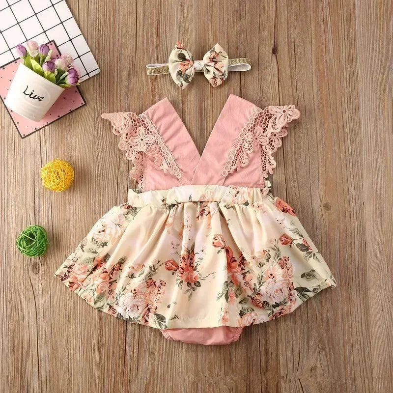 Newborn Jumpsuit Baby Girls Summer Romper Dress with Headband Outfits