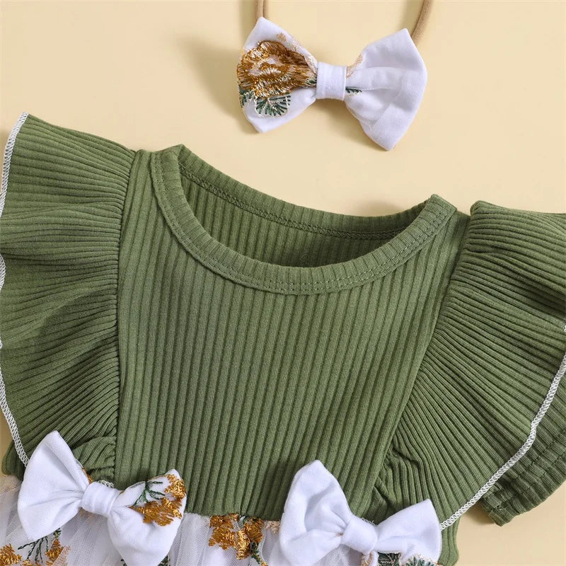 Newborn Baby Girl Romper Dress Flower Embroidery Knit Rib Ruffles Crew Neck Jumpsuit Summer Bodysuit Bow Headband