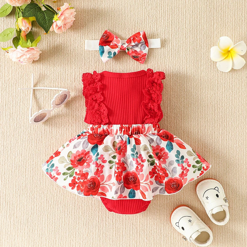 Girls Romper Dress Flower Print Lace Long Bowknot Jumpsuit