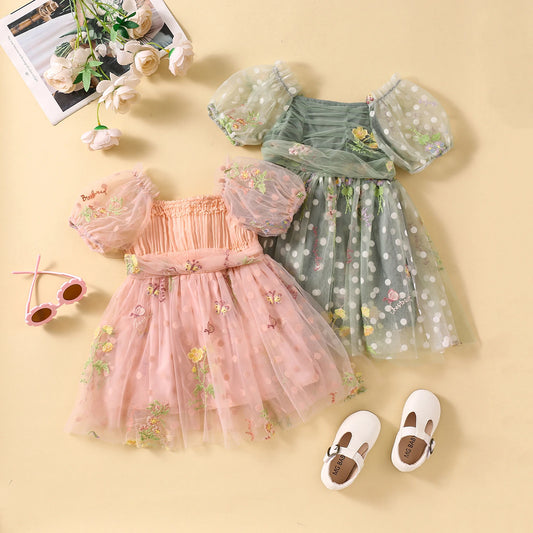 FOCUSNORM 0-4Y Toddler Kids Girls Princess Dress Mesh Short Puff Sleeve Flower Embroidered Ruched Tulle Belt Tutu Dress