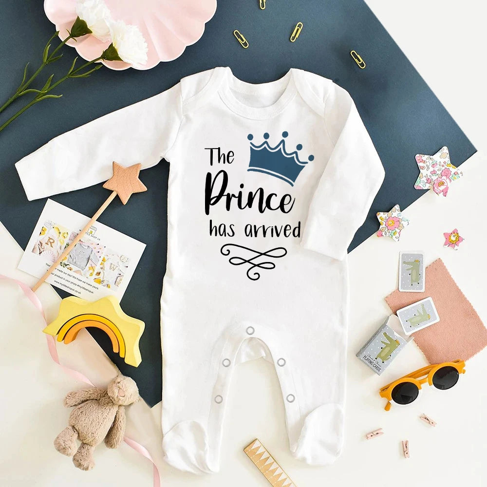 The Prince Has Arrived Print Baby Sleepsuit Bodysuit Newborn Boys Coming Home Hospital Clothes Infant Shower Gift