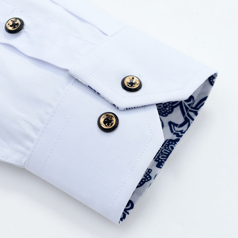 Blue-and-white Porcelain Collar Shirt Men Long Sleeve SlimFit Casual Business Dress Shirts Solid Color White Shirt Cotton