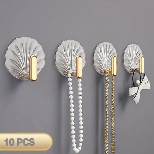 10 Pcs Shell Shape Wall Hook Kitchen Bathroom Multifunction Punch Free Hooks Coat Hanger Home Decoration Paste Style Hooks