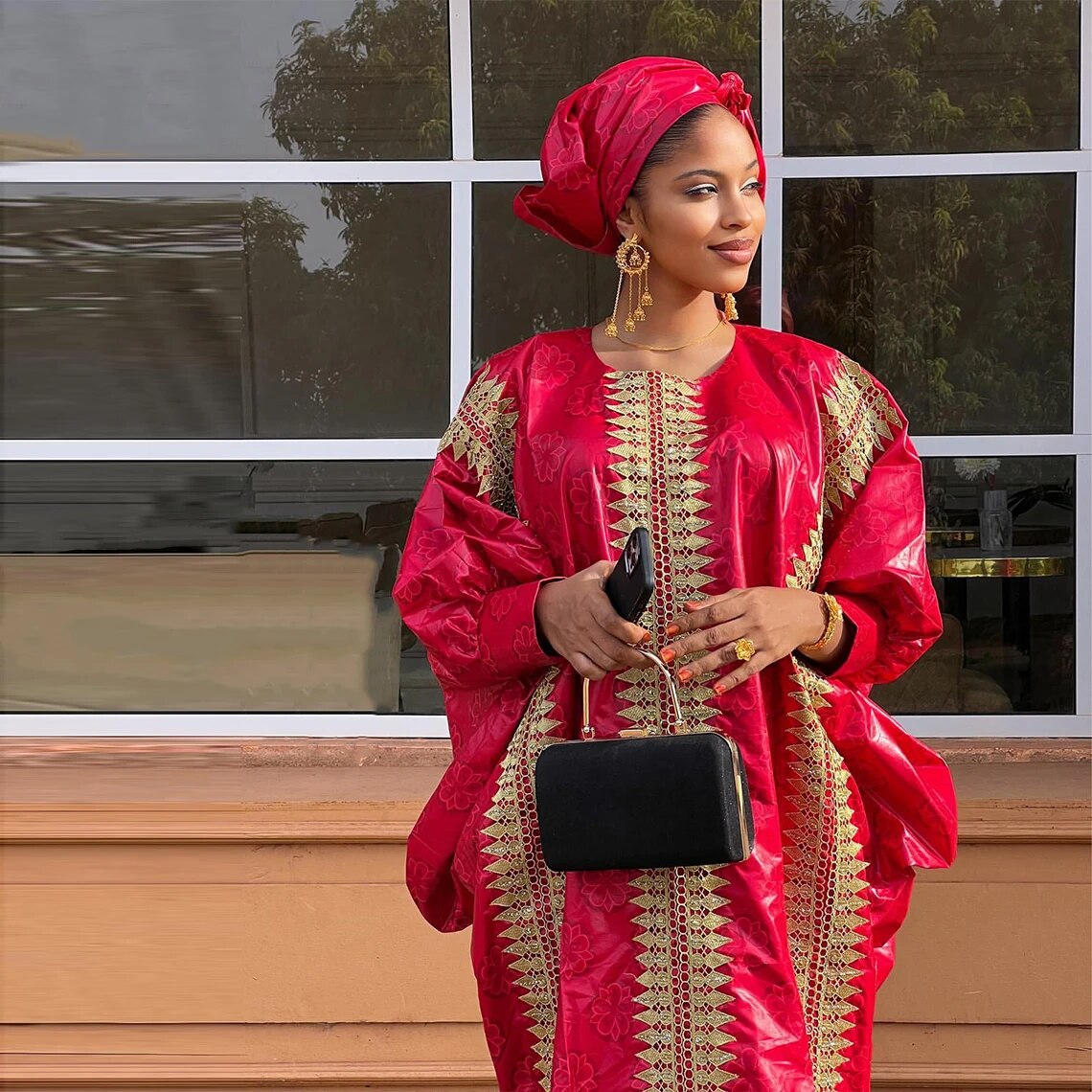 Red Boubou Wedding Dashiki With Gold Embroidery Gown-abaya-Top Super Deals-Free Item Online