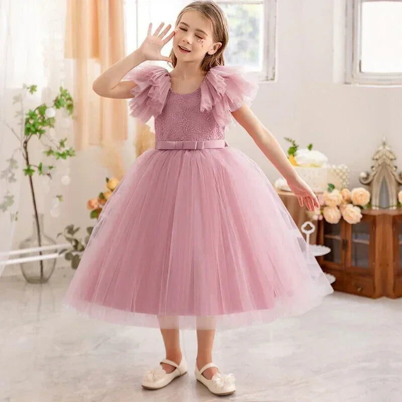 Ruffles Elegant Wedding Party Dress for Kids Girl Lace Flower Princess Dress for Girls Birthday Party Gown Holiday Kid's Dress