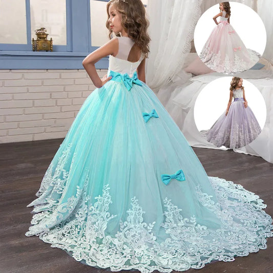 Girls Lace Long Prom Gowns Bridesmaid Kids Dresses