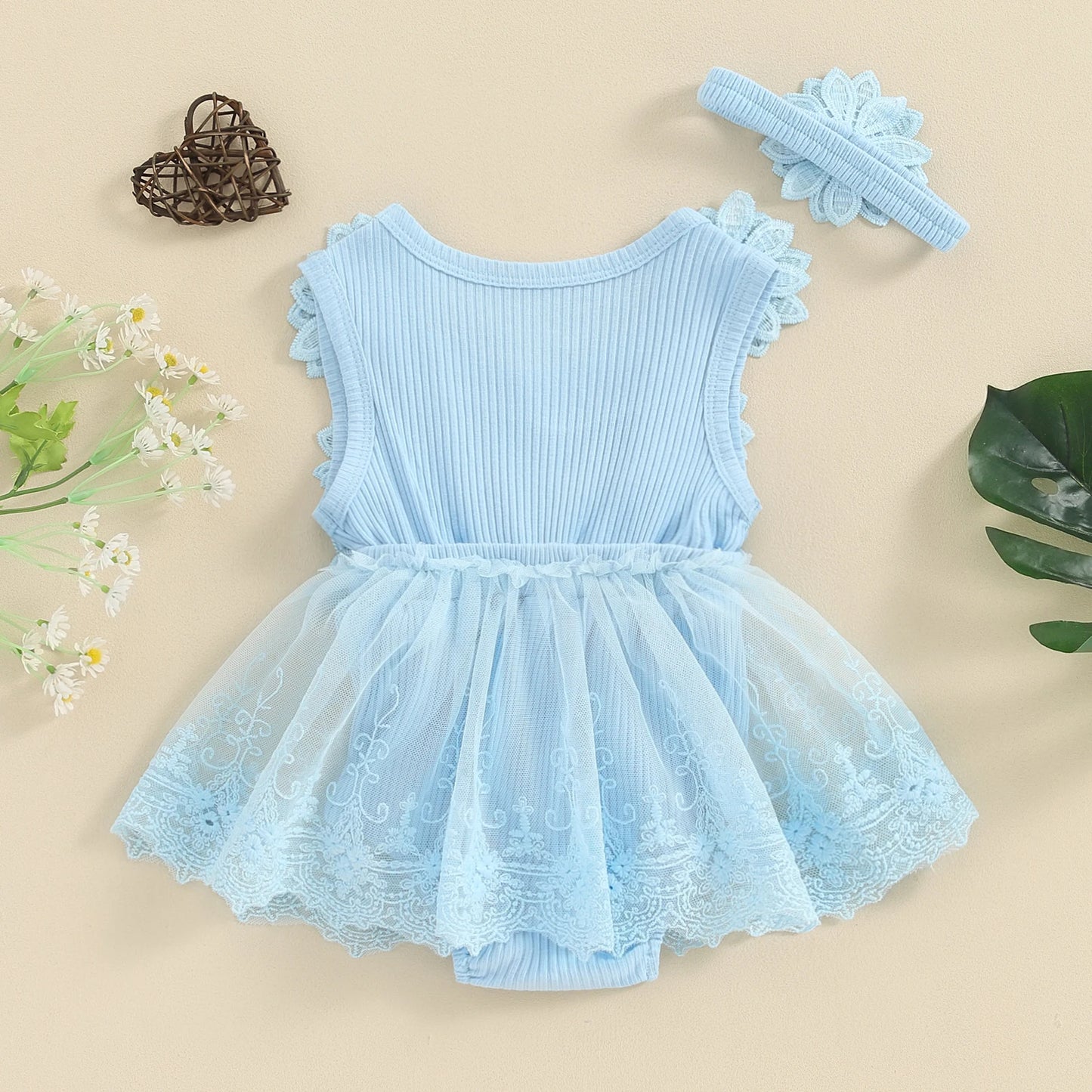 Infant Baby Clothing Girl Summer Outfits Solid Sleeveless Round Neck Tulle Patchwork Lace Floral Romper with Headband