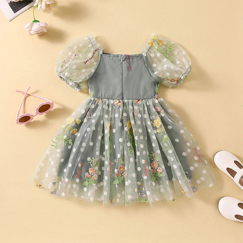 FOCUSNORM 0-4Y Toddler Kids Girls Princess Dress Mesh Short Puff Sleeve Flower Embroidered Ruched Tulle Belt Tutu Dress