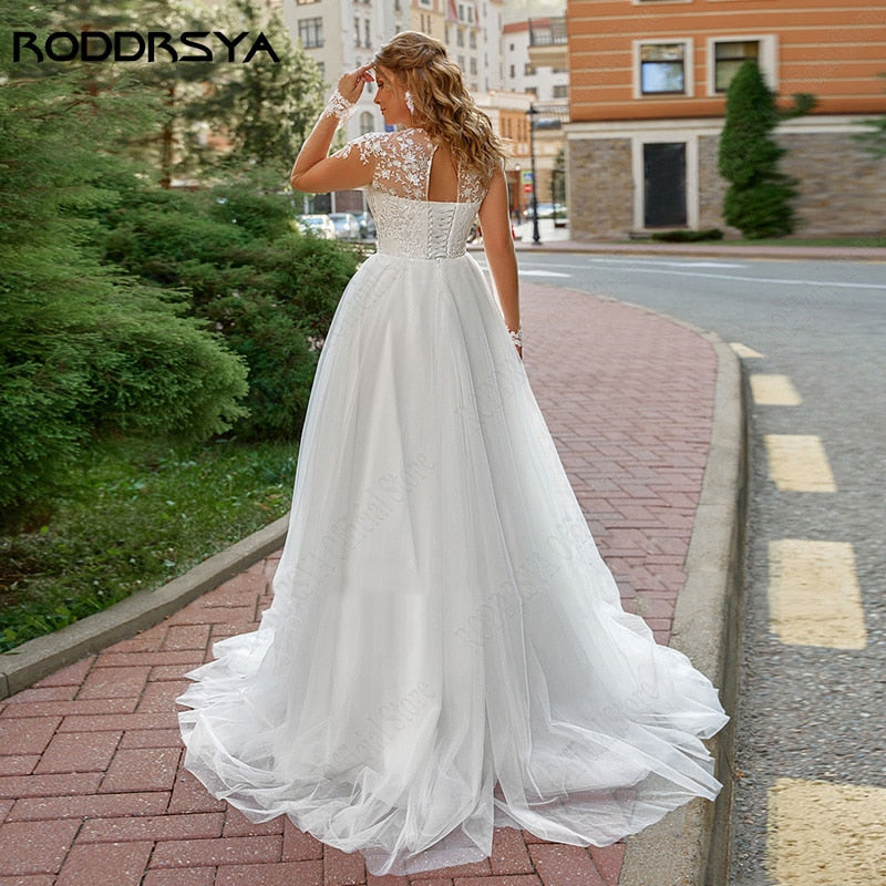Illusion O-Neck Applique Wedding Dress Plus Size Beach Bridal Gown Lace Up Backless