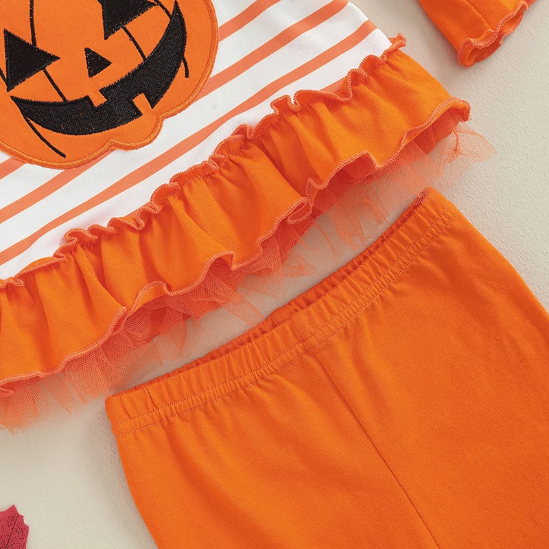 Girls Halloween Outfits Striped Pumpkin Print