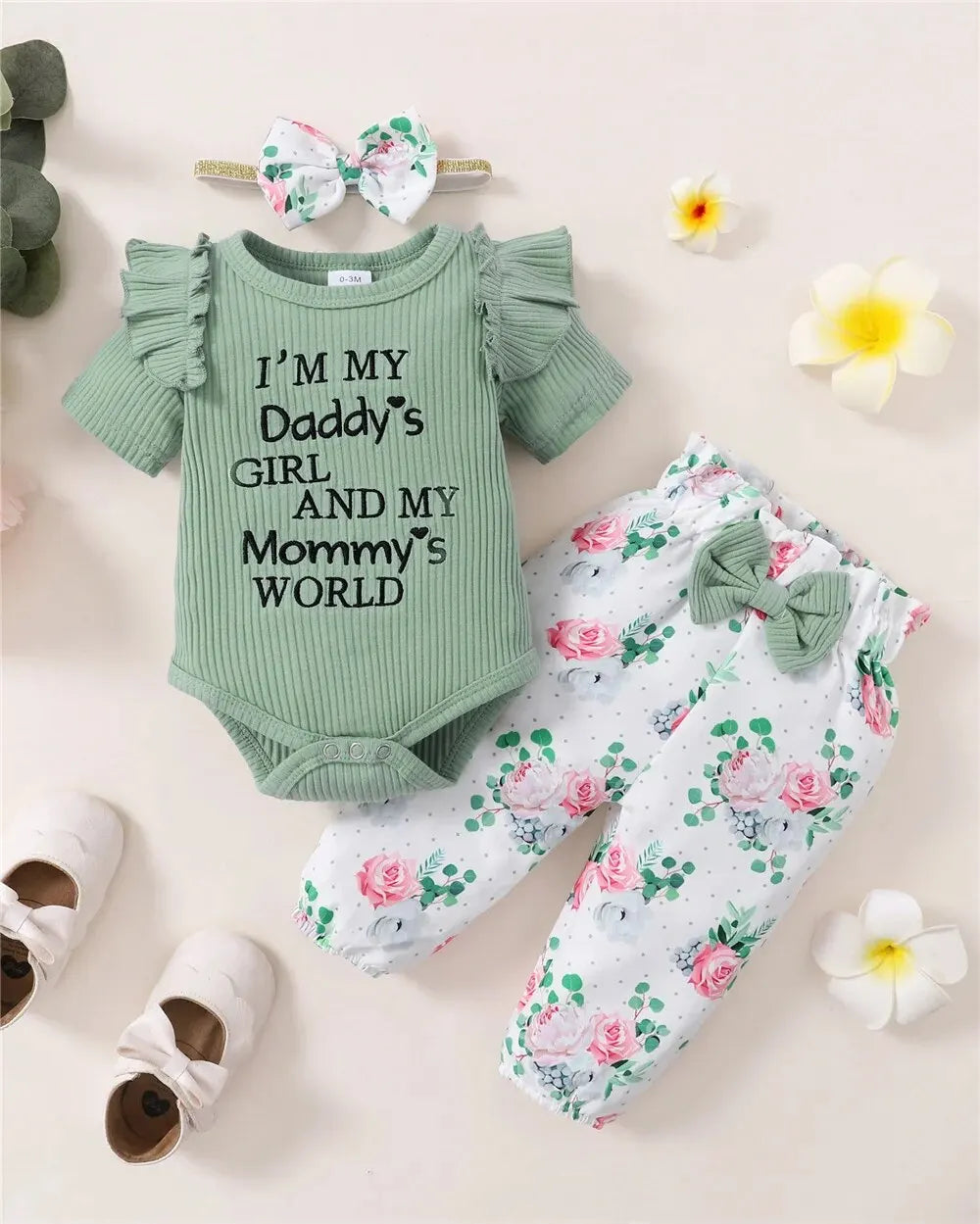 Newborn Baby Girl 3PCS Clothes Set Mommy's Little Girl Short Sleeve Romper+Flowers Pant+Headband Summer Outfit for 0-18 Months