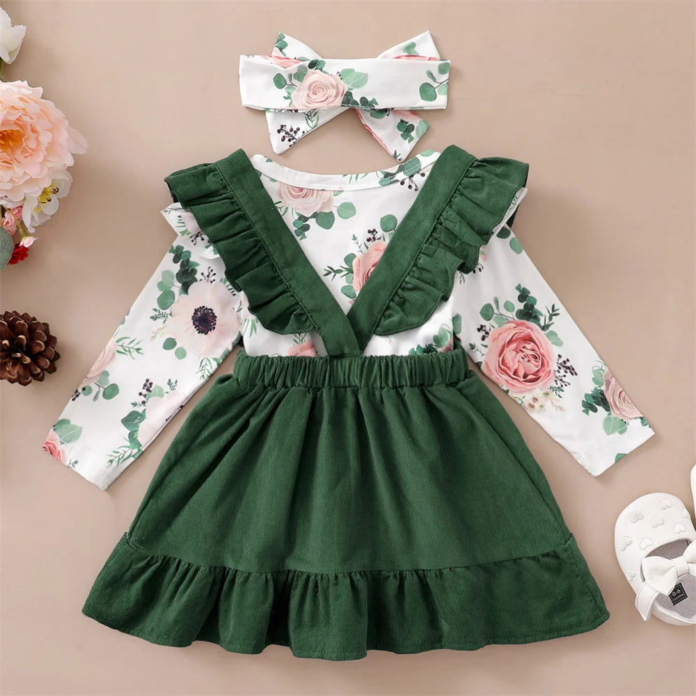 Baby Girl 3PCS Clothes Set Floral Long Sleeve Top Dress Autumn Outfit