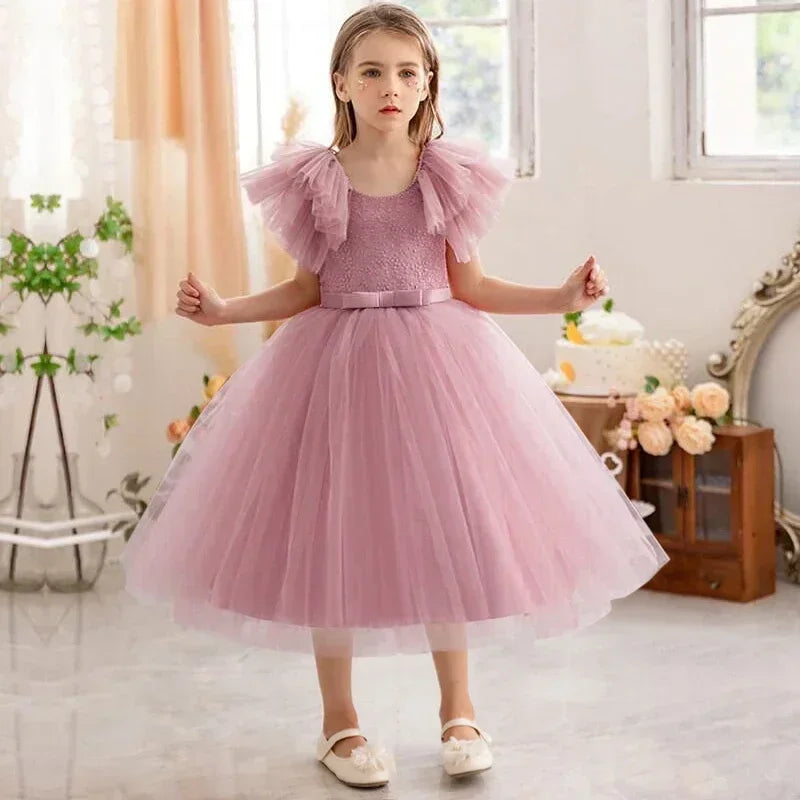 Ruffles Elegant Wedding Party Dress for Kids Girl Lace Flower Princess Dress for Girls Birthday Party Gown Holiday Kid's Dress