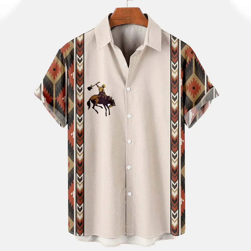 Men Vintage Ethnic Hawaiian 3D Print Short Sleeve Lapel Button Streetwear