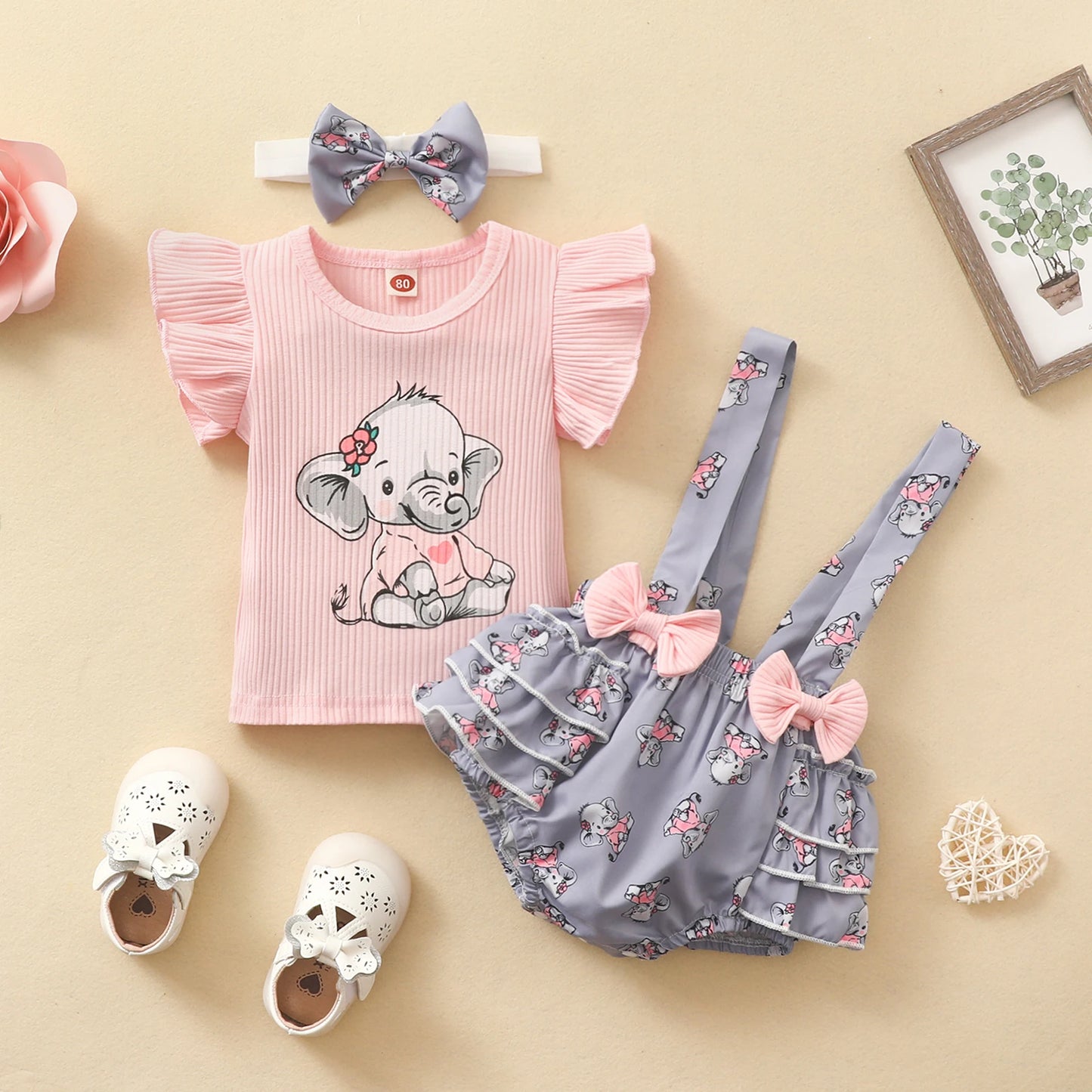Infant Baby Girls Three Pieces Clothes Outfit, Round Neck Fly Sleeve Tops + Milk Cow Printed Suspender Shorts + Headband