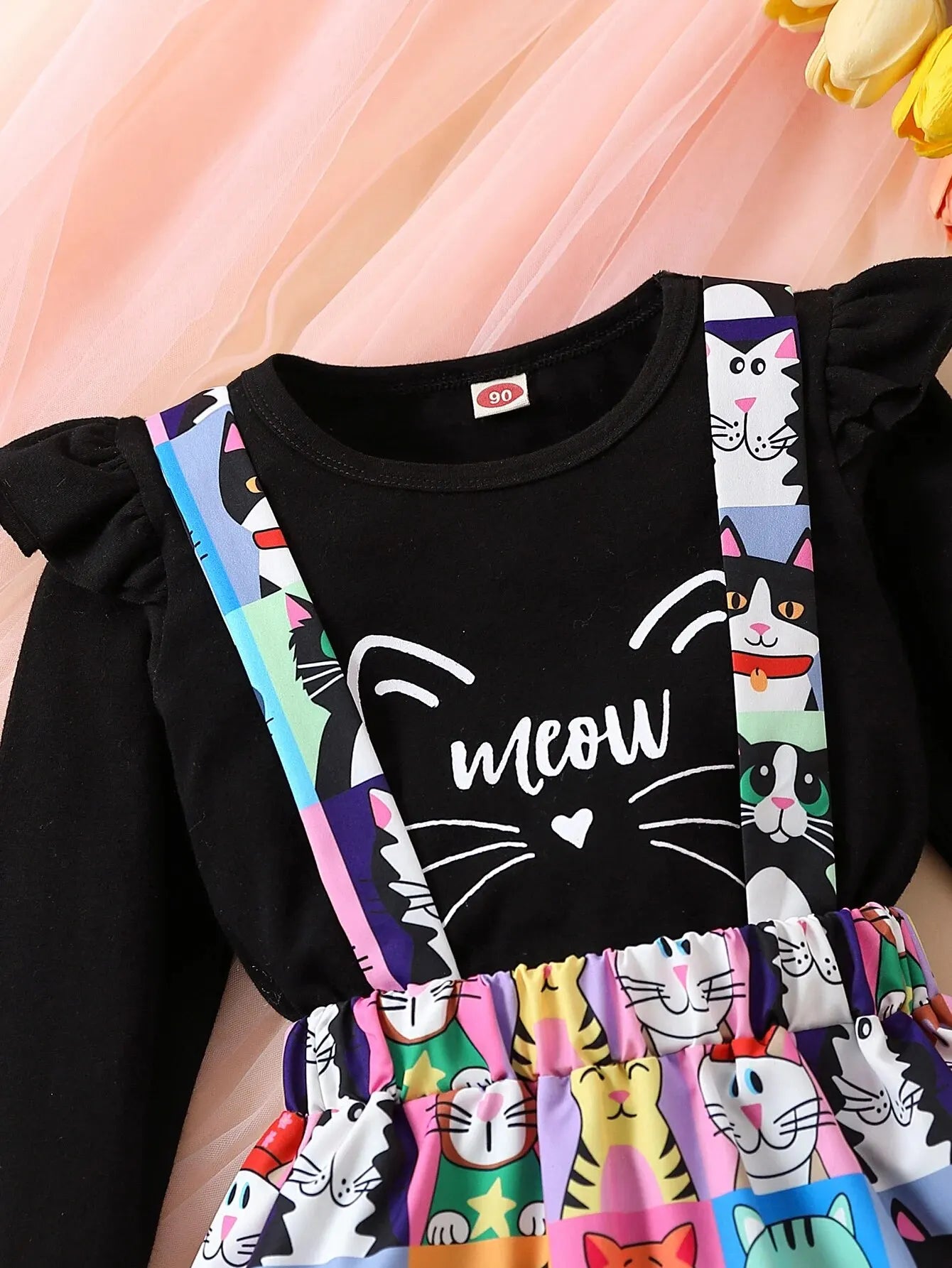 Toddler Girl Clothes Spring Autumn Ruffles Long Sleeve Shirt CARTOON Cat Print Suspender Skirt Kids Children 2Pcs Outfits Set