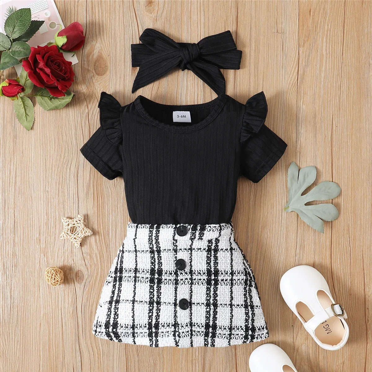 PatPat 3pcs Baby Girl Black Ribbed Short-sleeve Romper and Tweed Skirt with Headband Set Soft and Comfortable Basic Style