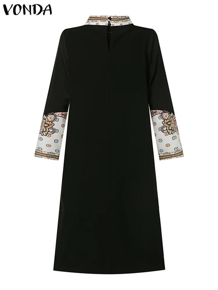 VONDA Women Bohemian Printed Dress 2023 Autumn Stand Collar Long Sleeve Vintage Sundress Casual Loose Knee-Length Vestidos Robe