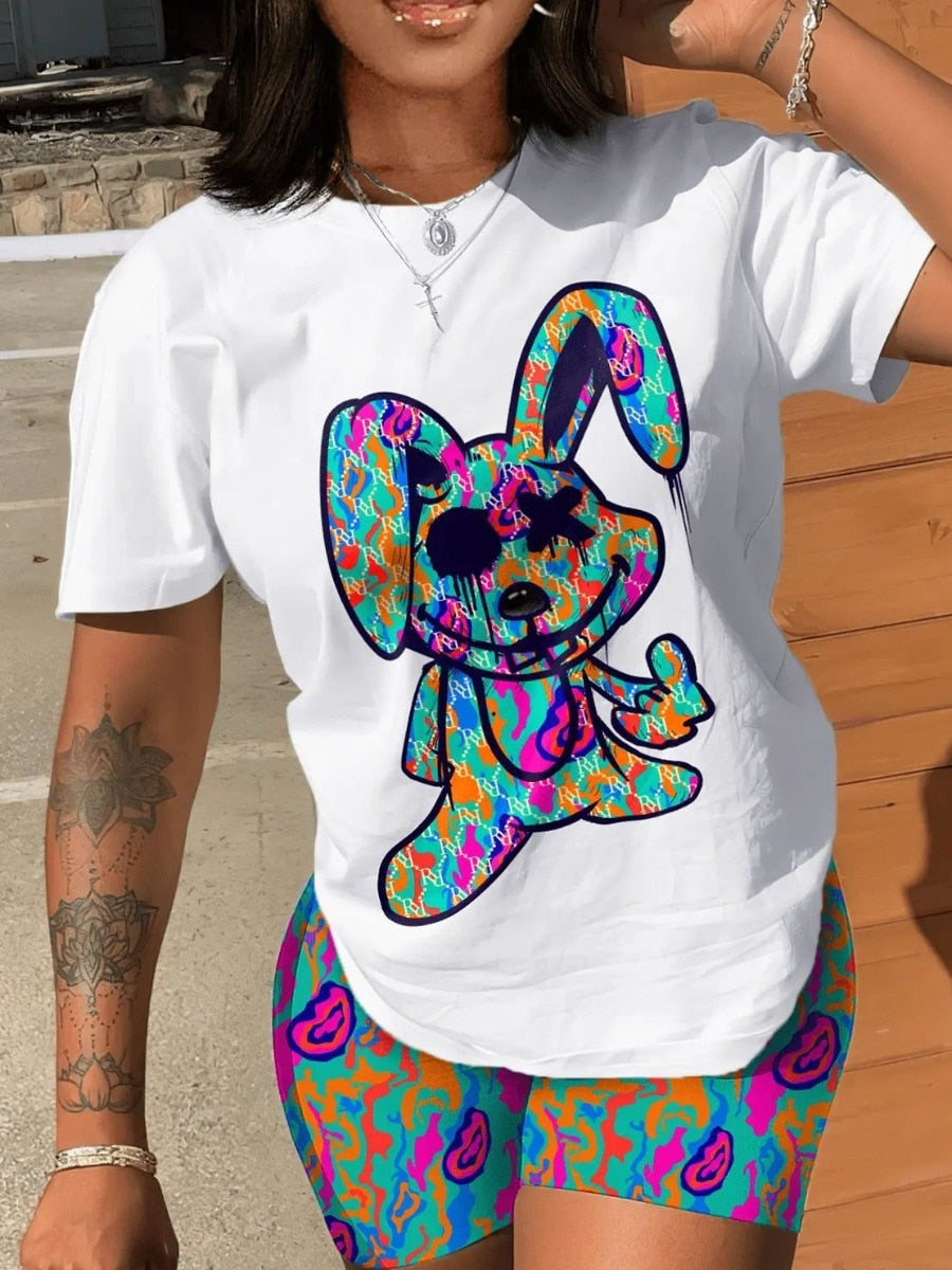 Multicolor Two Pieces Shorts Suits Cartoon Mixed Print Shorts Set Short Sleeve Pullover White Print Bottoms Outfits-Top Super Deals-Free Item Online