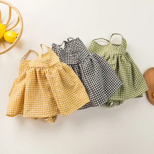 Summer Baby Girls Plaid Rompers 0-24M Newborn Kids Sleeveless Dress-like Bodysuits Infants Onepiece Baby Girl's Onesie