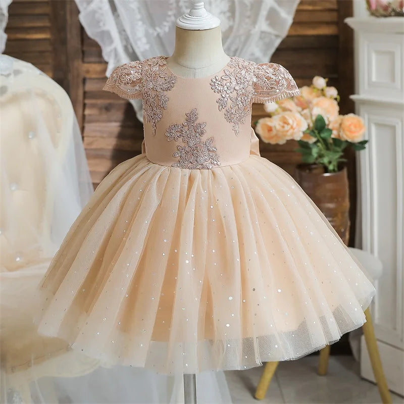 Toddler Girls 1st Birthday Party Dresses Cute Bow Kids Princess Lace Tulle Short Dress Flower Girls Dresses for Wedding 1-5 Year