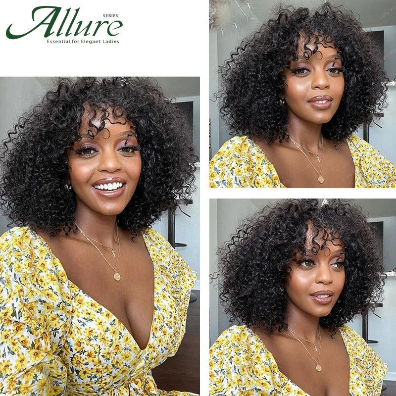 Natural Jerry Curly Wig With Bangs Human Hair Wigs Black Women Short Colored Burgundy Brown Glueless Brazilian Remy Hair Allure