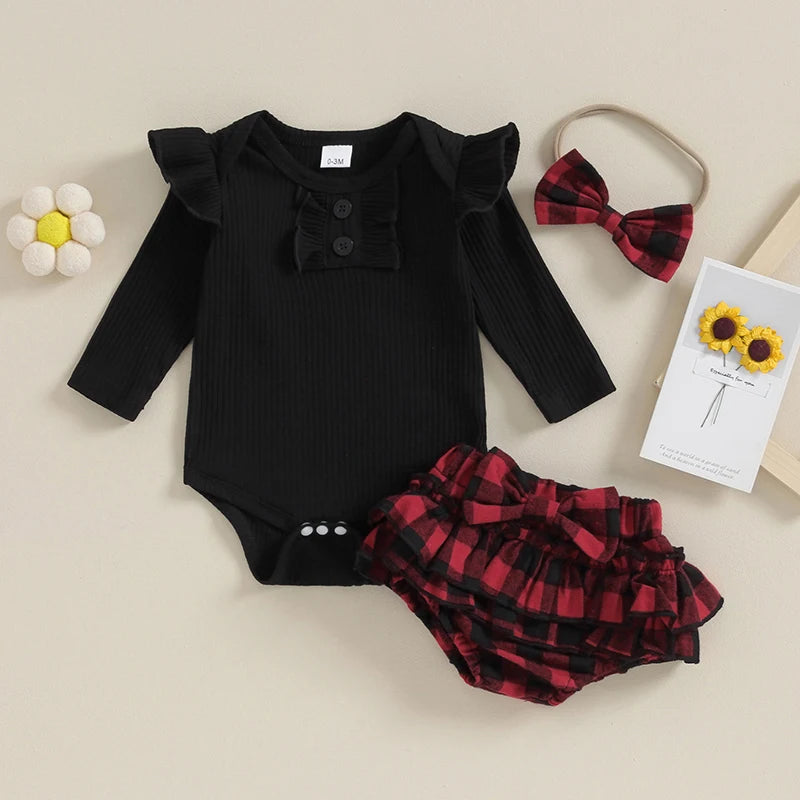 Baby Girl Clothes Christmas Outfits Solid Color Crew Neck Long Sleeve Romper Ruffles Plaid Shorts Headband 3Pcs Xmas Clothes