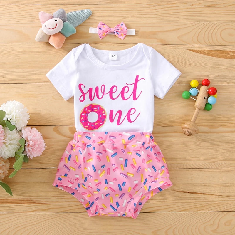 Infant Baby Girl Summer Clothes Set Letter Print Short Sleeve Bodysuit + Cartoon Print Triangle Shorts/Flare Pants Headband 3pcs