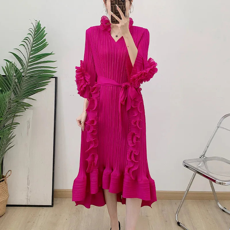 Pleated Fungus Edge Long Dress Summer Fashion Women's Clothing Elegant Medium Long Dress