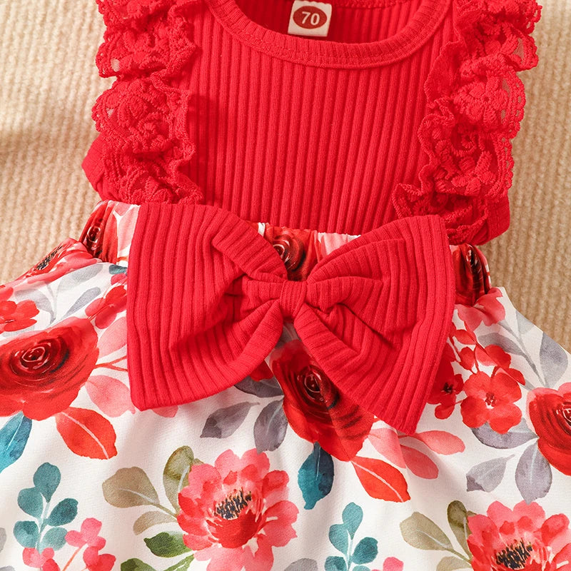 Girls Romper Dress Flower Print Lace Long Bowknot Jumpsuit