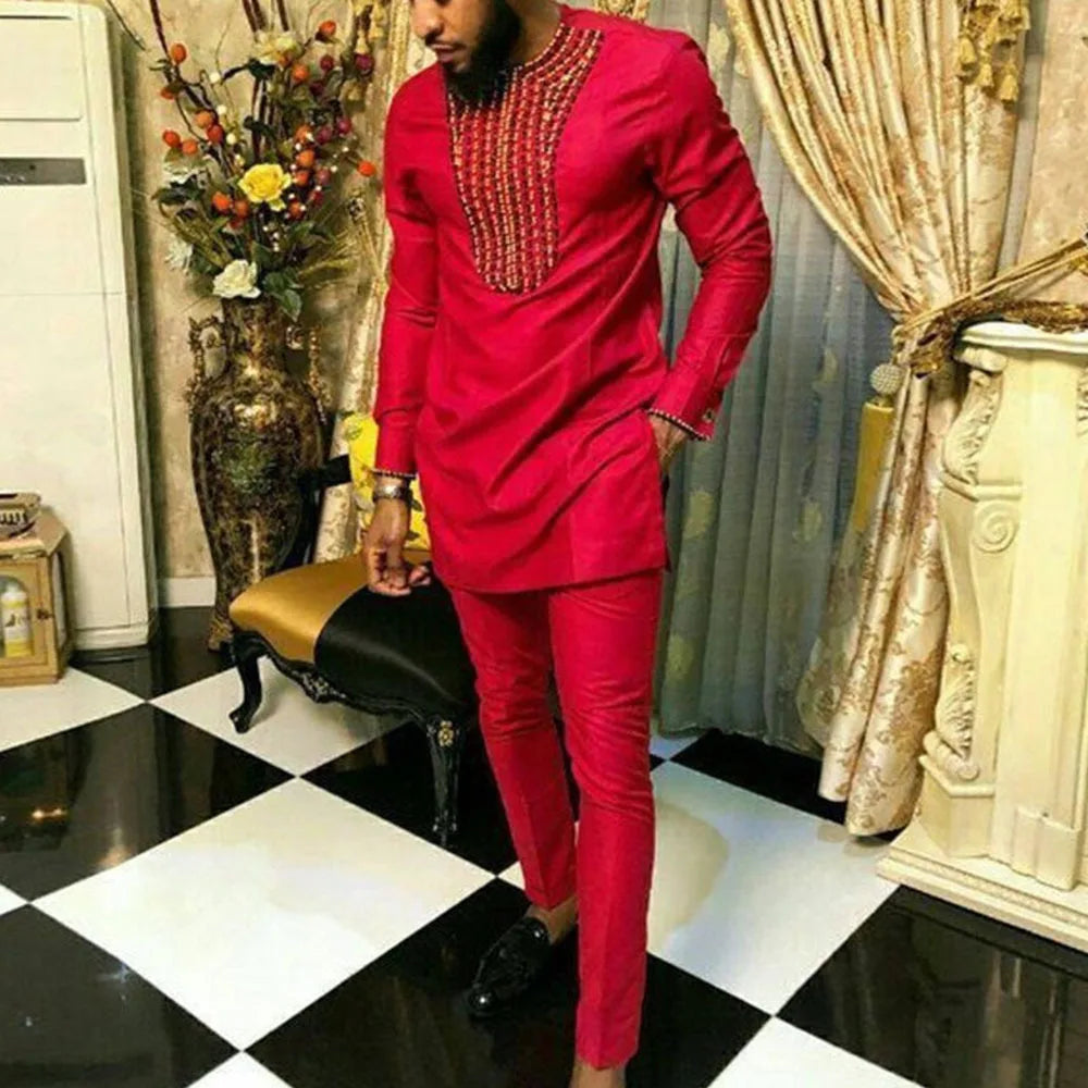 Men's Elegant Long Sleeve Suit Shirt Pants 2-piece Solid Color Party Long Sleeve African Ethnic Style-men suit-Top Super Deals-As Picture 19-M-Free Item Online