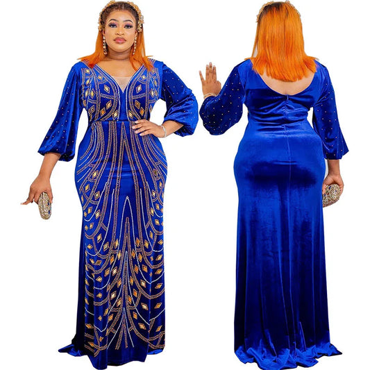 2023 Luxury Plus Size Blue African Sequins Maxi Dress for Women Elegant Lady Wedding Evening Dresses Sexy Party Bodycon Gown