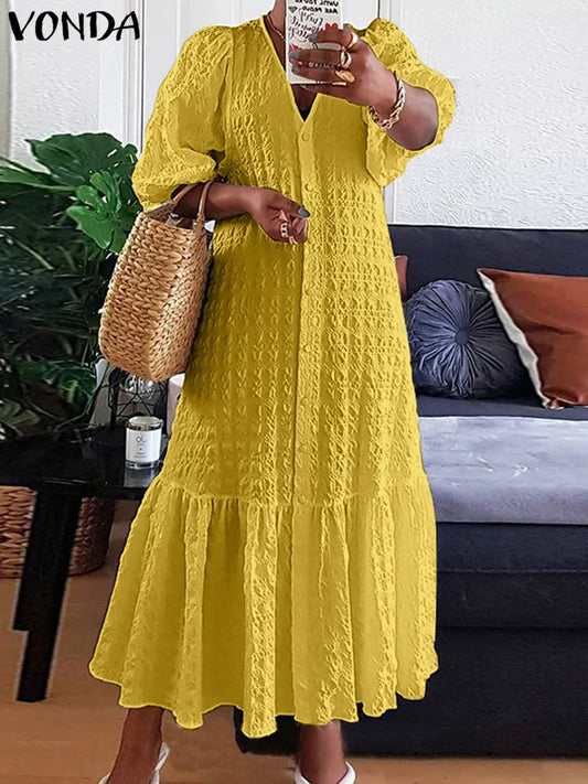 Women Shirt Dress Sexy V Neck Buttons Half Sleeve Long Maxi Bohemian